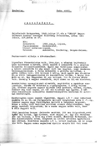 Részlet a Deportáltakat Gondozó Országos Bizottság által felvett jegyzőkönyvekből (Forrás: DEGOB-jegyzőkönyvek: 339, MZSL)
